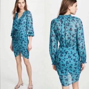 VERONICA BEARD TURQUOISE FLORAL ‘BECKY’ RUCHED MINI DRESS, Sz 10